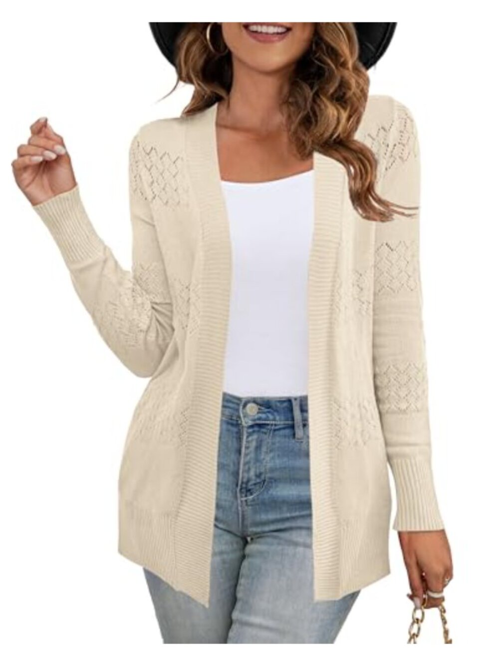 Womens Loose Open Front Ribbed Trim Long Sleeve Cardigan for Casual Wear